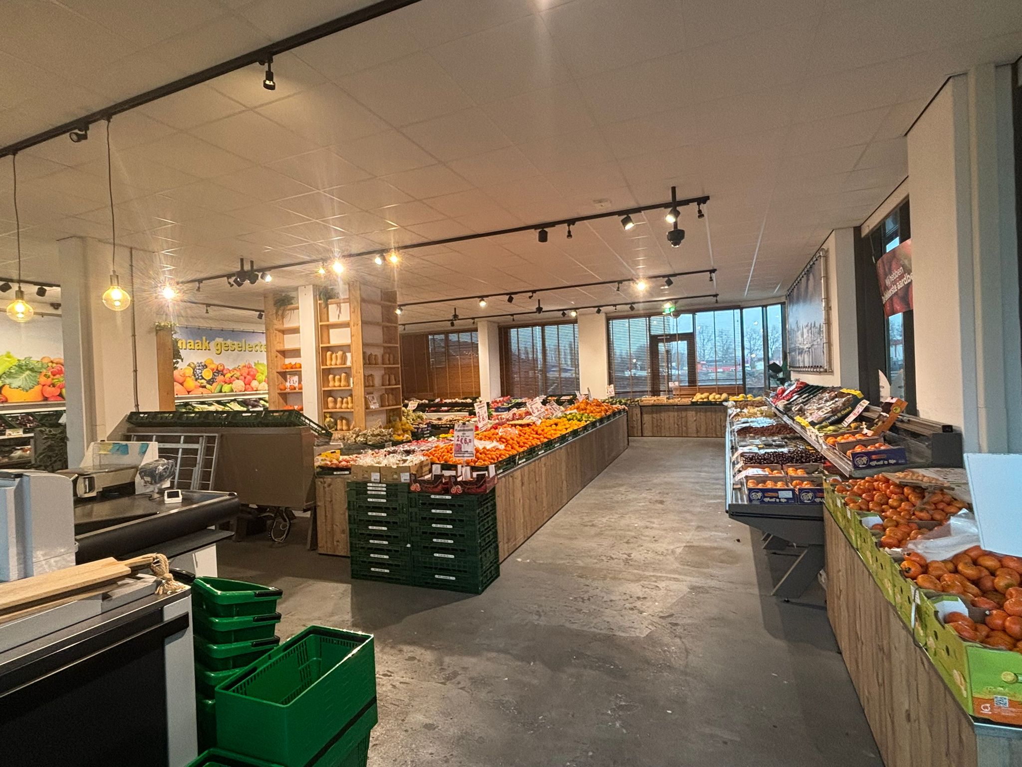 Wide view inside the shop with fresh produce
